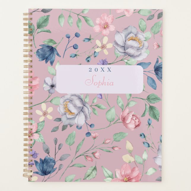Agenda Azul rosa y amarillo floral diseñado morado (Anverso)