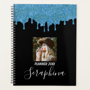 Agenda Azul Turquesa y Negro Brillante Personalizado con