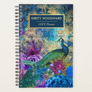 Agenda Azul vintage, púrpura y floral dorado Pavo real