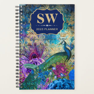 Agenda Azul vintage, púrpura y floral dorado Pavón