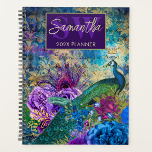 Agenda Azul vintage, púrpura y floral dorado Pavón