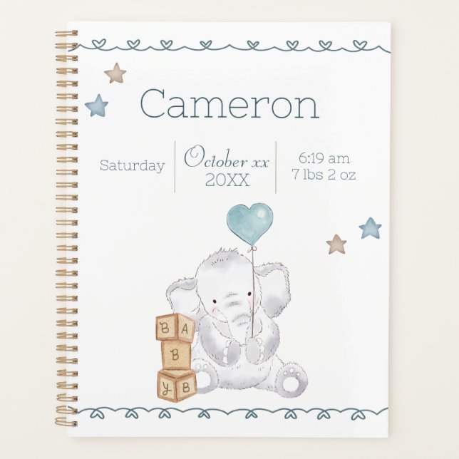 Agenda Baby Boy Elephant Nombre personalizado y detalles  (Anverso)