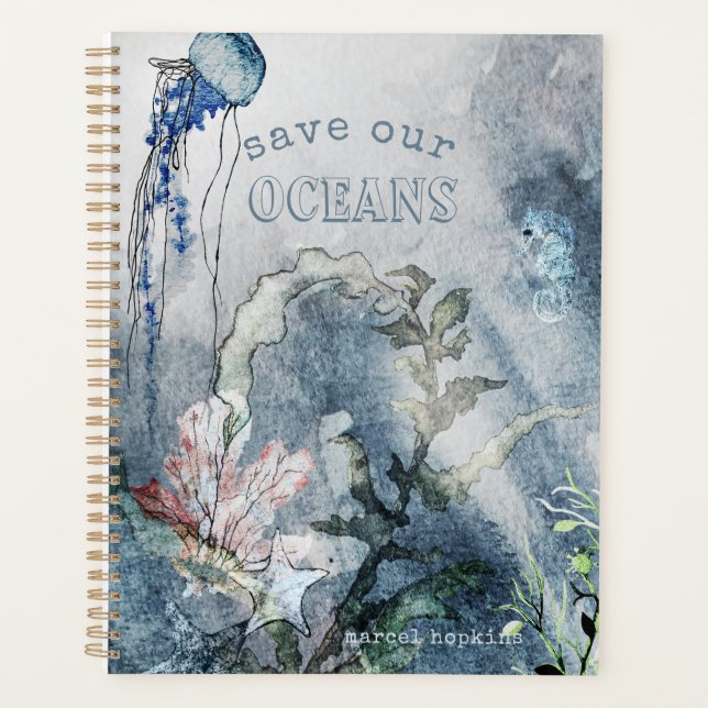 Agenda Bajo la escena acuarela de las criaturas marinas (Anverso)