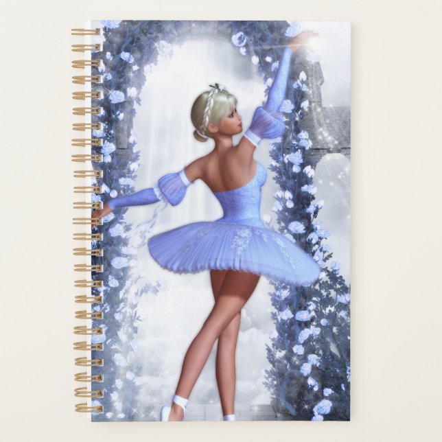 Agenda Balerina de fantasía azul y blanca con flores de r (Anverso)
