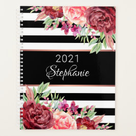 Agenda Bandas blancas negras Elegante Floral Personalizad