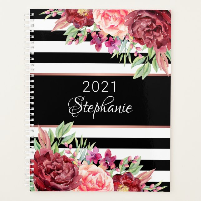 Agenda Bandas blancas negras Elegante Floral Personalizad (Anverso)