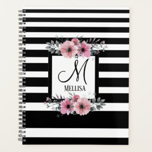 Agenda Bandas negras y blancas monograma floral rosa