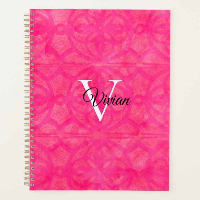 Agenda Batik rosa brillante Elegante Monograma Planificad (Anverso)