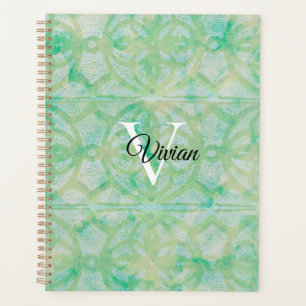 Agenda Batik Verde Y Azul Elegante Nombre Monograma