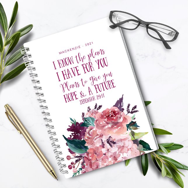 Agenda Biblia cristiana personalizada frente a floral (Personalized Christian Bible Verse Floral Planner)