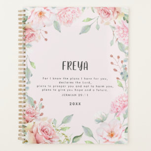 Agenda Bíblica de marco floral rosa versículo personaliza