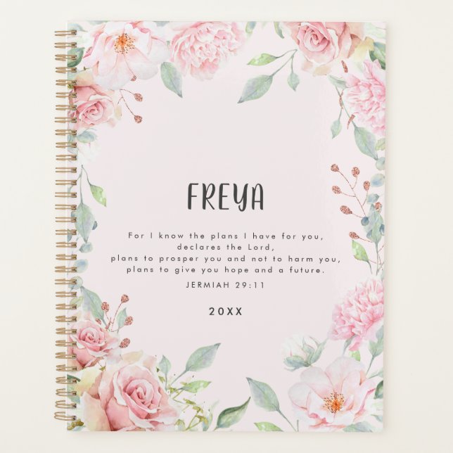 Agenda Bíblica de marco floral rosa versículo personaliza (Anverso)