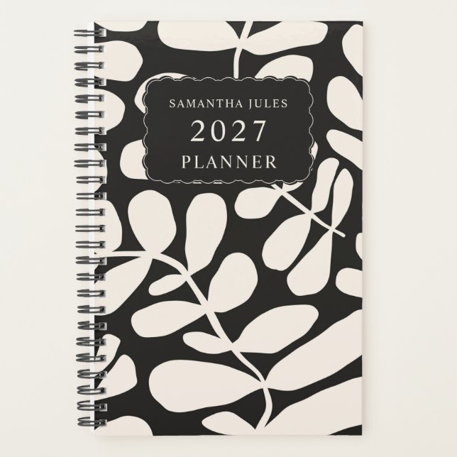 Agenda Black Abstract Tropical Palm Leaves Pattern (Anverso)