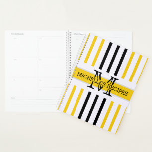 Agenda Black and Jonquil Stripes Monograma moderno