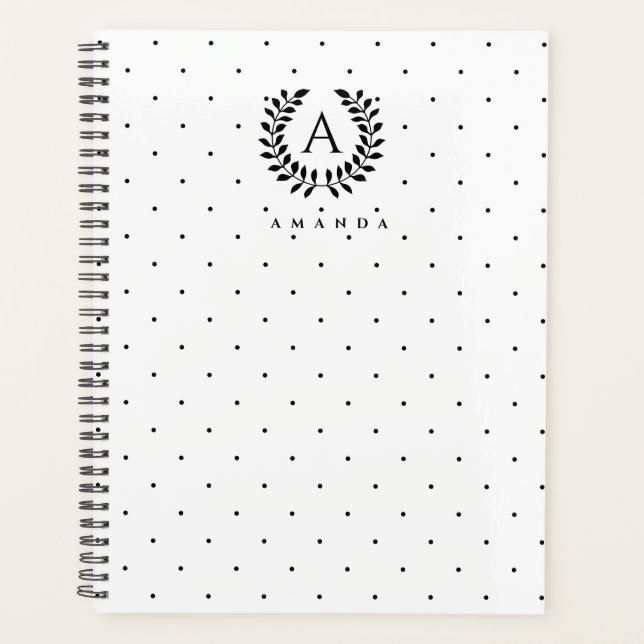 Agenda Black And White Laurel Monogram Polka Dot Pattern (Anverso)