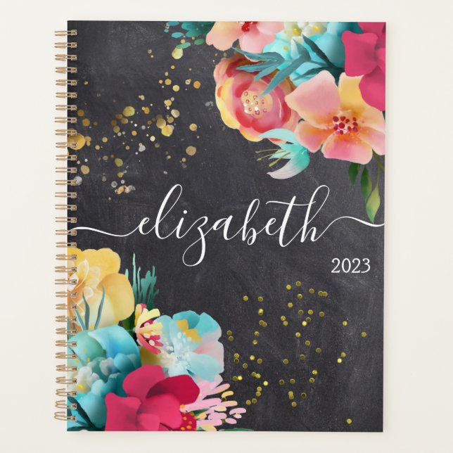 Agenda Black Chalkboard Floral Girly Nombre de cualquier  (Anverso)
