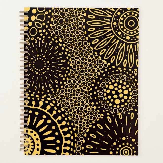 Agenda Black Gold Ethnic Floral Daily Planner Notebook (Anverso)