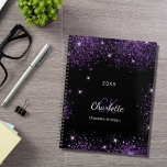 Agenda Black purple glitter dust monogram initials 2024<br><div class="desc">Black background,  white and purple text. Decorated with purple faux glitter dust. Personalize and add your first name,  monogram initials,  full name and year.</div>