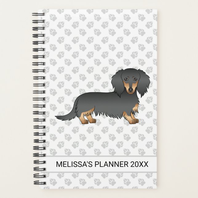 Agenda Black & Tan Long Hair Dachshund Cartog Perro y tex (Anverso)