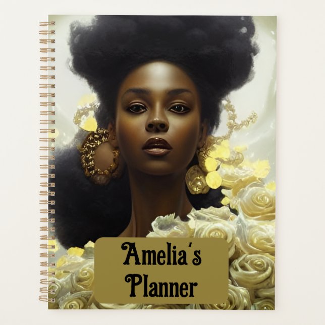 Agenda Black woman white roses and gold embellishments (Anverso)