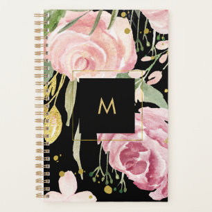 Agenda Bloques de acuarela   Floral rosa y dorada sobre n
