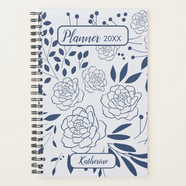 Agenda Blue Floral Monochrome Name And Year (Anverso)