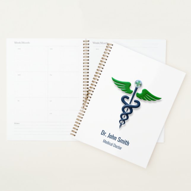 Agenda Blue Medical Stylish Caduceus Green Wings Cross (Demostración)