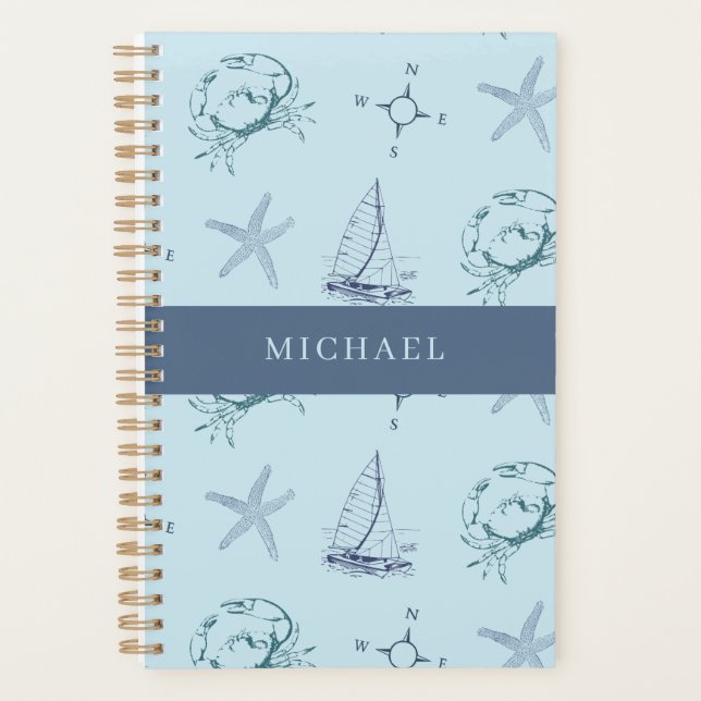 Agenda Blue Nautical Crab Starfish Boat Pattern Planner (Anverso)