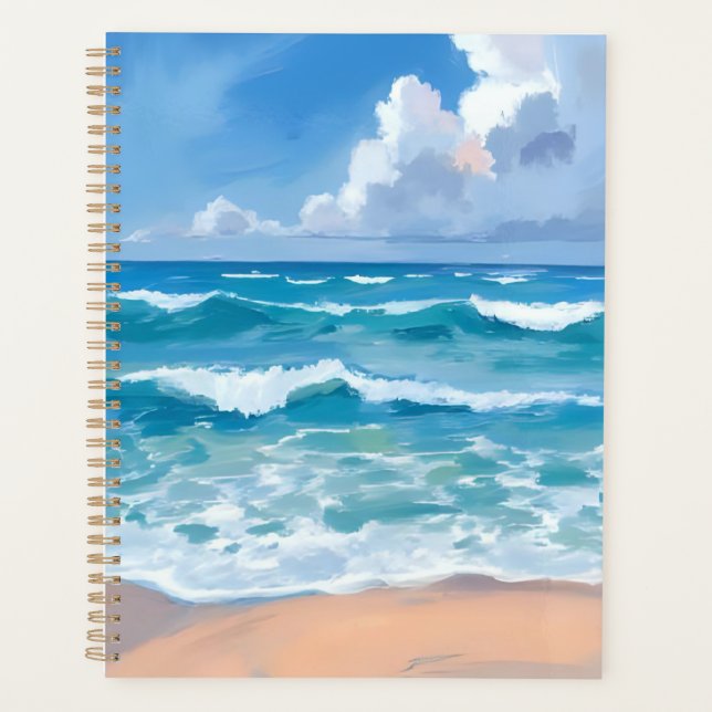 Agenda Blue Ocean Waves | Beach Sea Watercolor  (Anverso)