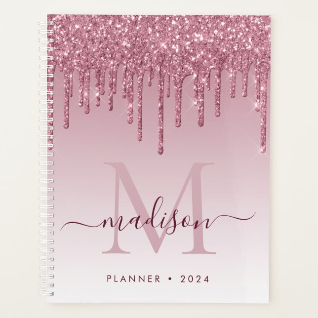 Agenda Blush Pink Rose Gold Glitter Drips Girly Monogram (Anverso)