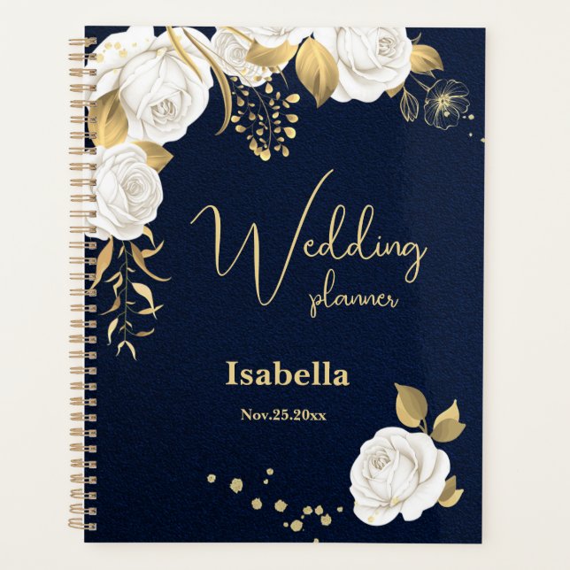 Agenda boda azul marino floral dorado blanco (Anverso)