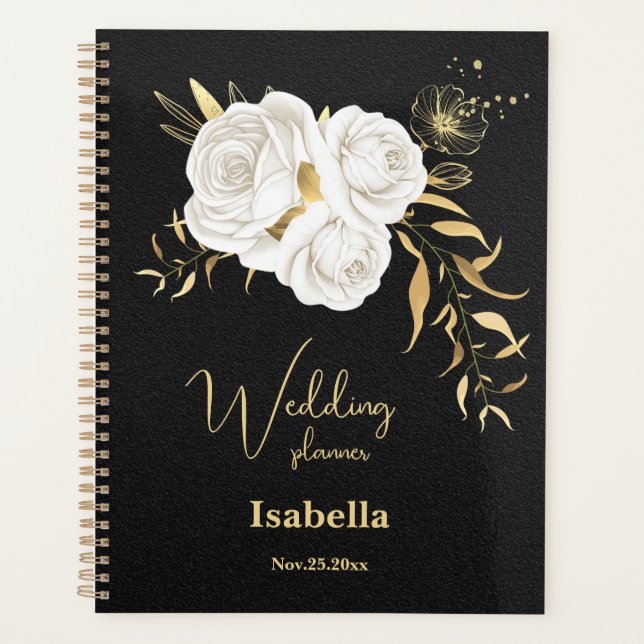 Agenda boda blanco dorado floral negro (Anverso)
