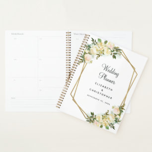 Agenda Boda Blanco Elegante Rosas color de agua Marco dor