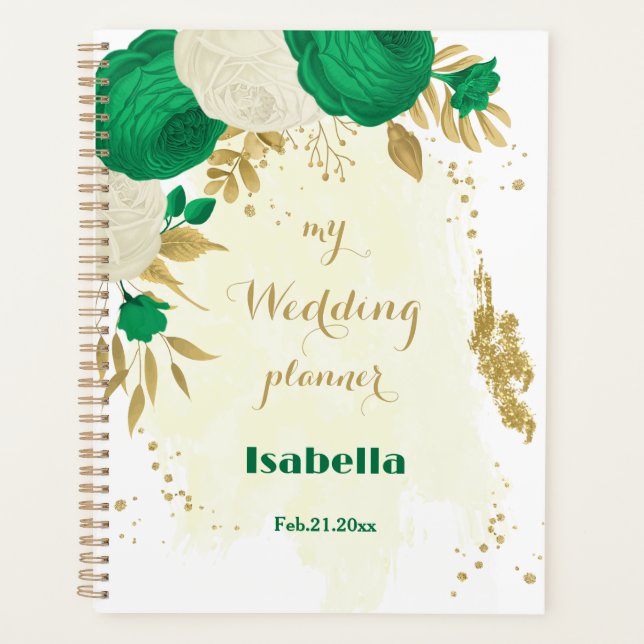 Agenda boda botánico de oro de flores blancas verdes (Anverso)