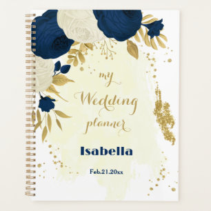 Agenda boda botánico de oro de flores marinas y blancas