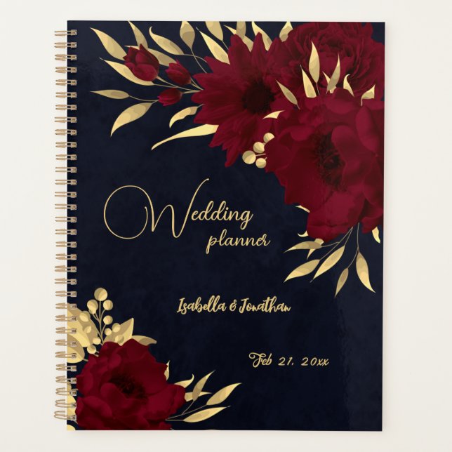 Agenda Boda chic de burgundy y oro azul marino (Anverso)