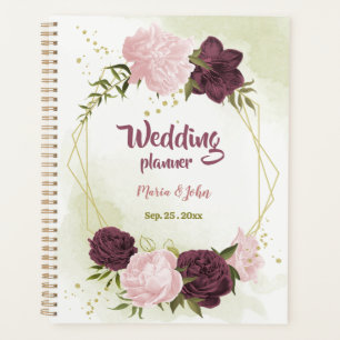 Agenda Boda con flores rosadas y verde cabernet