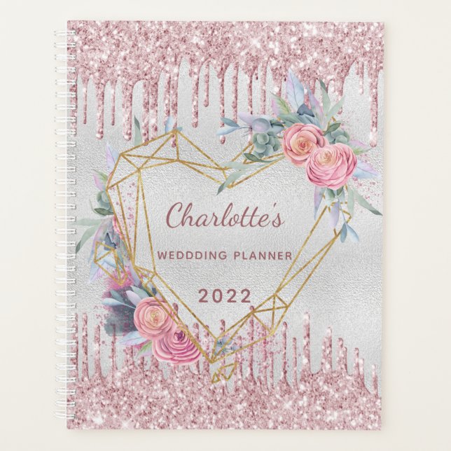 Agenda Boda de brillo rosa con flores de plata (Anverso)