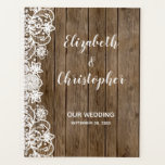 Agenda Boda de caligrafía de encaje blanco rustico de mad<br><div class="desc">Madera rústica de granero y diseño de encaje blanco con adornos de encaje fino blanco. Los nombres de la novia y del novio aparecen en un guión moderno de estilo de caligrafía blanca.</div>