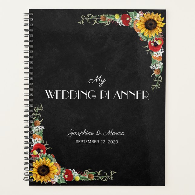 Agenda Boda de campo de cartón rústico con girasol (Anverso)
