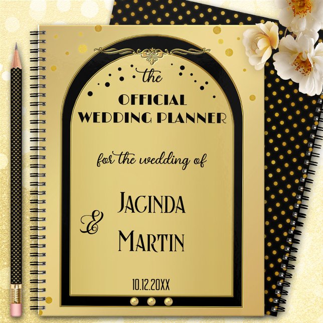 Agenda Boda de Confetti Negro de Oro Art Deco (A stylish art deco inspired gold and black wedding planner with festive gold sparkling confetti)