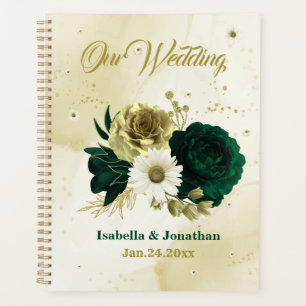 Agenda Boda de flores de oro de marfil verde esmeralda
