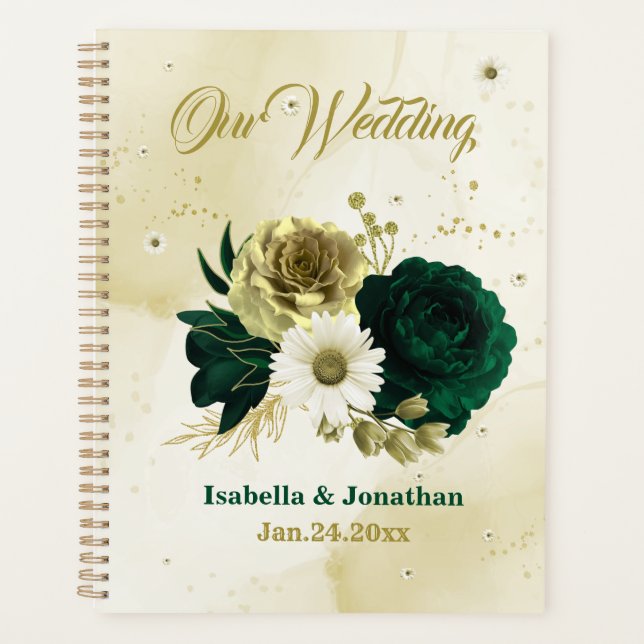 Agenda Boda de flores de oro de marfil verde esmeralda (Anverso)