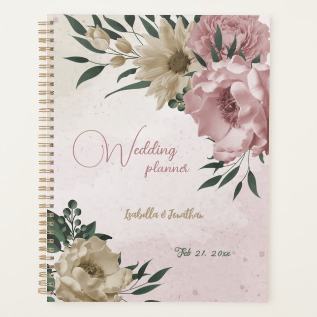 Agenda boda de flores rosadas y champán románticas (Anverso)