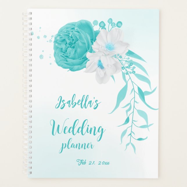 Agenda boda de flores turquesas románticas (Anverso)