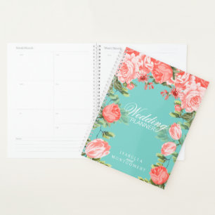 Agenda Boda de flores Verde azuladas y corales botánicas
