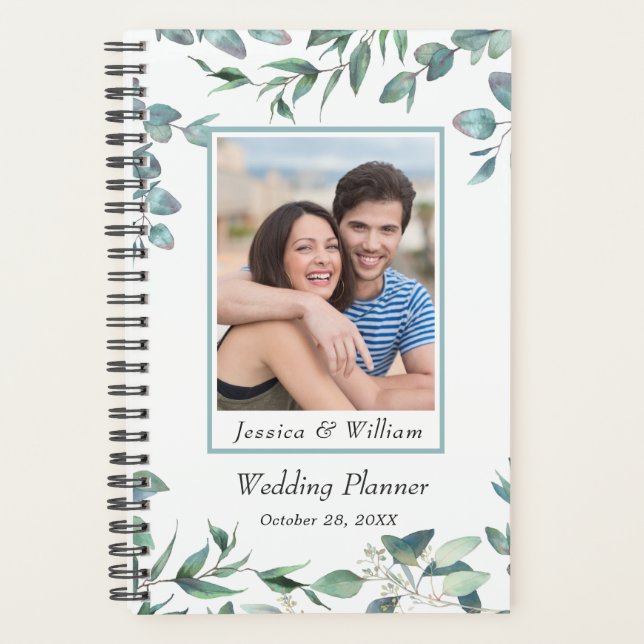 Agenda Boda de FOTO de Eucalyptus Greenery Watercolor (Anverso)