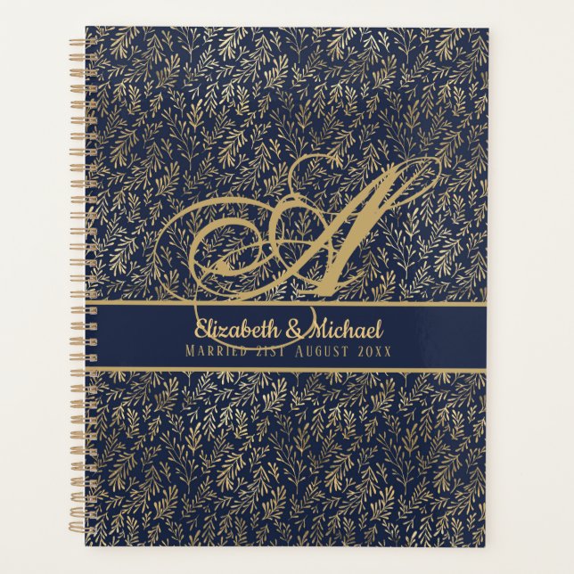Agenda Boda de la hoja de oro azul de la Marina Monograma (Anverso)