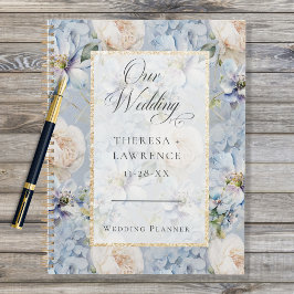 Agenda Boda de marco dorado floral azul y blanco ruso