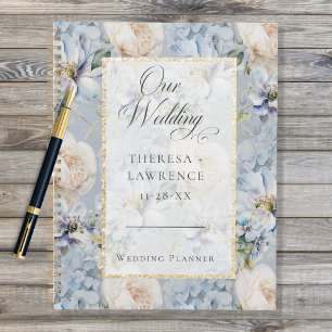 Agenda Boda de marco dorado floral azul y blanco ruso